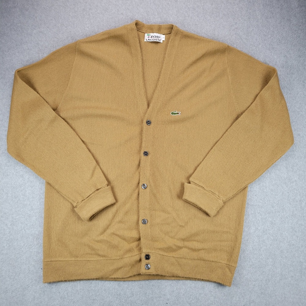 Izod Lacoste Cardigan Mens Large Tan Vintage Crocodile Logo Button Front Sweater